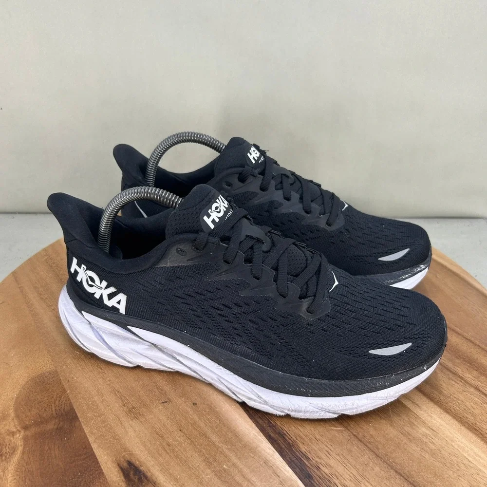 Hoka One One Clifton 8 Black White Running Shoes Womens 9 B Cushioned Walking
